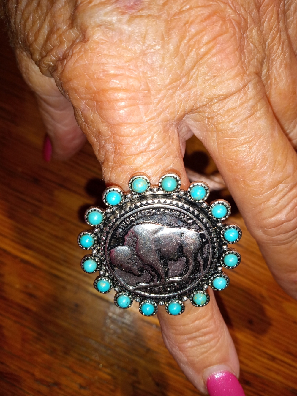 Turquoise Stone Buffalo Coin Statement Ring - Women Jewelry